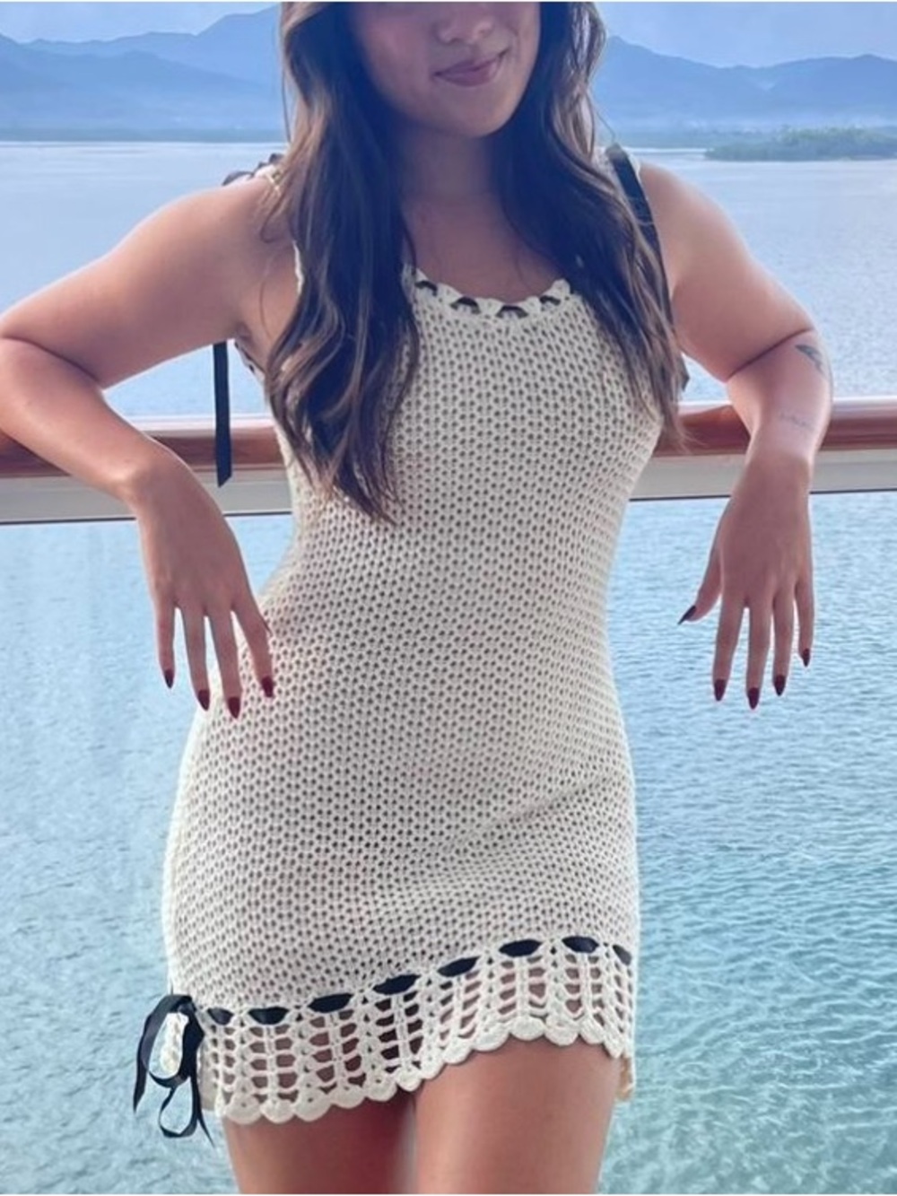 Tiger Mist Chia crochet mini dress with black trim bow